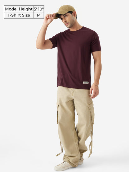 The Souled Store Solids: Wine Red Men and Boys Short Sleeve Round Neck Cotton Blend Regular Fit T-Shirts