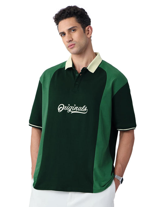 The Souled Store Originals: Polo Men and Boys Short Sleeves Polo Collar Dark Green Colour-Block Cotton Oversized T-Shirts