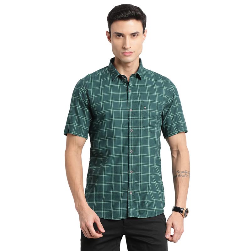 Turtle Men 100% Cotton Green Checkered Slim Fit Half Sleeve Casual Shirt