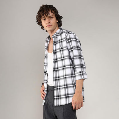 Campus Sutra Mens Chalk White & Midnight Black Brushed Buffalo Check Shirtfor Casual Wear | Spread Collar | Long Sleeve | Butto