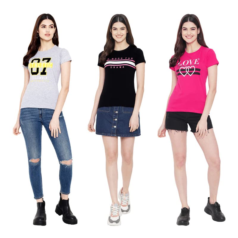 Preneum Womens Cotton Regular Fit Latest Graphic Stylish Printed Short Sleeves Casual T-Shirt || Trendy & Styling (Pack 3), Gre