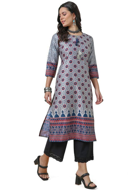 Soch Womens Grey Ethnic Motifs Kurta with Tie-Up Neck