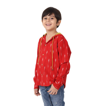 Fabindia Crew Neck Boy Red Cotton Ikat Woven Shirt (102707701