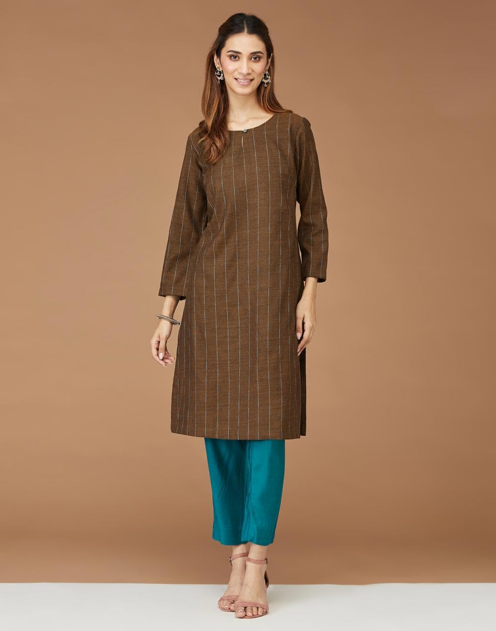 Fabindia Women's Wool Woven Regular Kurta (1034613BROWN_Brown