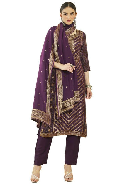 Soch Womens Wine Brocade Floral Print And Zari Woven Suit Set With Dupatta