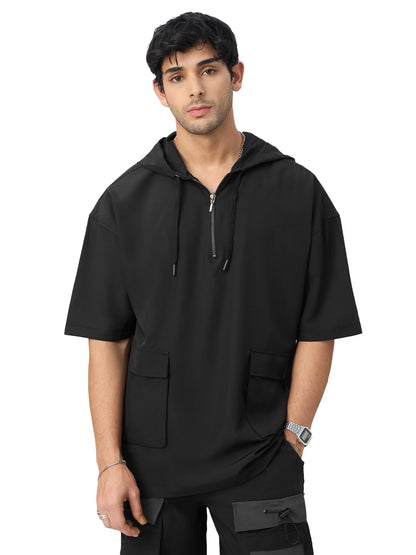 The Souled Store Hooded T-Shirt: Black Men and Boys Short Sleeves Hooded Neck Pull On Black Solid Polyester Blend Oversized Hood