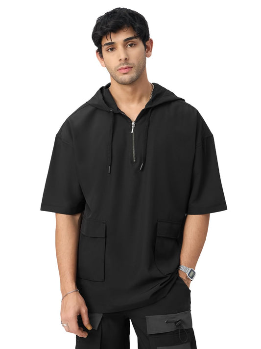 The Souled Store Hooded T-Shirt: Black Men and Boys Short Sleeves Hooded Neck Pull On Black Solid Polyester Blend Oversized Hood