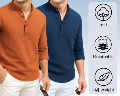 Deemoon Combo Of MenS Cotton Blend Solid Regular Fit Full Sleeve Short Kurta | MenS Trendy Short Kurta Pack Of 2 (Available In
