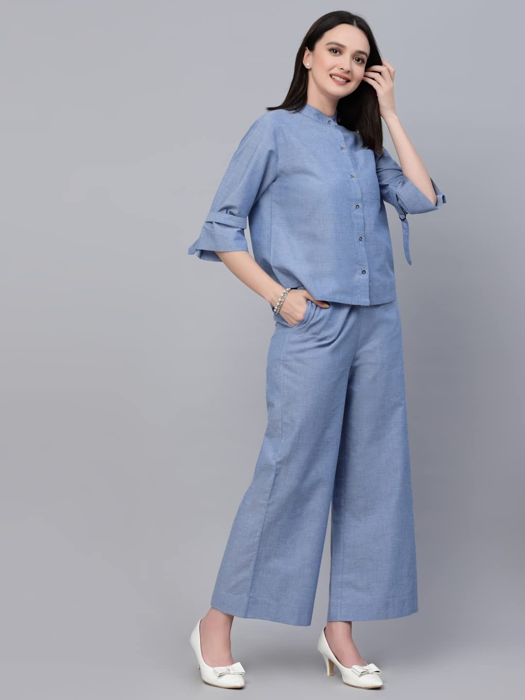 Style Quotient Women Blue Chambray Relax Fit Shit And Pant Co-Ord Set