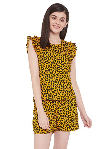 Clovia Womens Animal Print Top & Shorts Set (LS0541P13_Yellow_S)