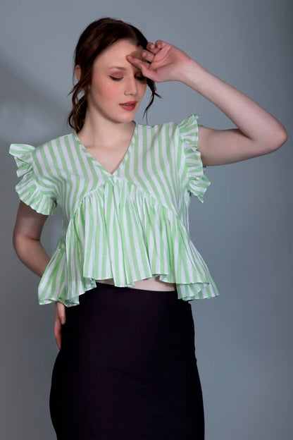 Leriya Fashion WomenS Western Crop Tops | Fancy Stripped With Ruffle Sleeves | Button Down Lightweight Cotton For Girls | Suita