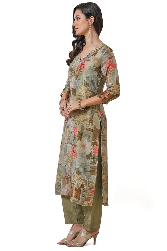 Soch Womens Olive Botanical Print Tissue Kurta Set