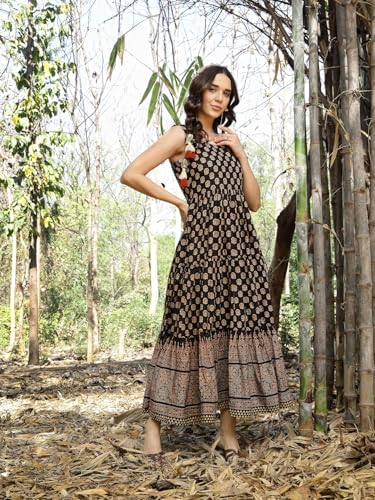 Stylum Womens Ethnic Printed Cotton Tiered Dress Black