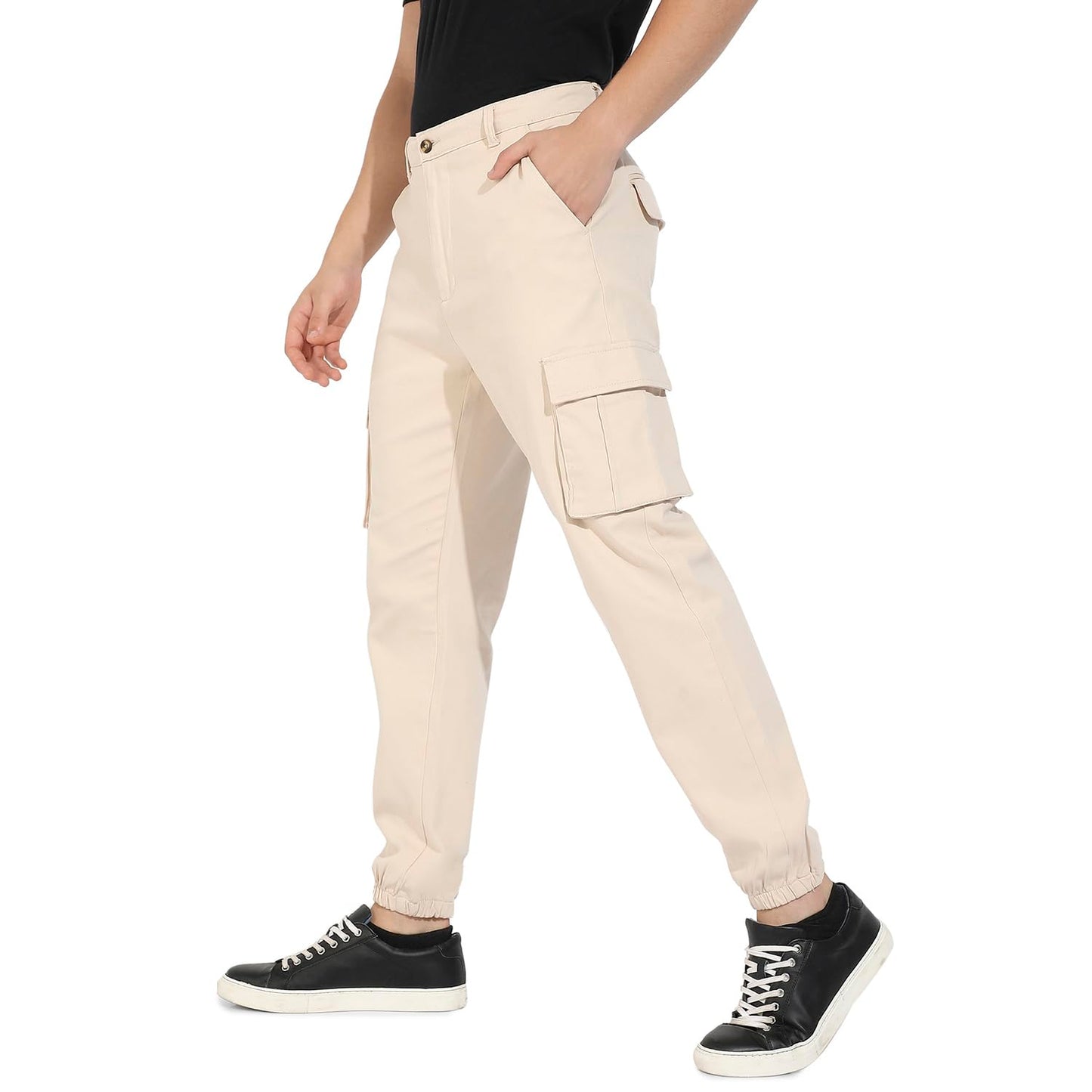 Campus Sutra Mens Beige Cuffed Hem Cargo Trousers for Casual Wear | 6 Pockets | Regular Fit | Button Closure | Cotton Poly Carg
