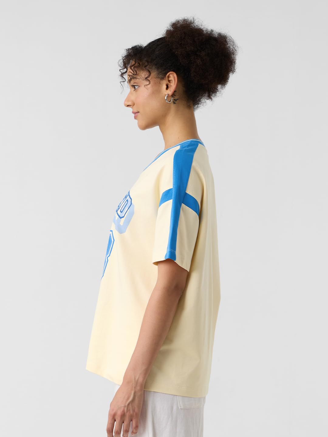 The Souled Store Varsity Women and Girls Short Sleeves V Neck Off White Graphic Printed Cotton Oversized T-Shirts
