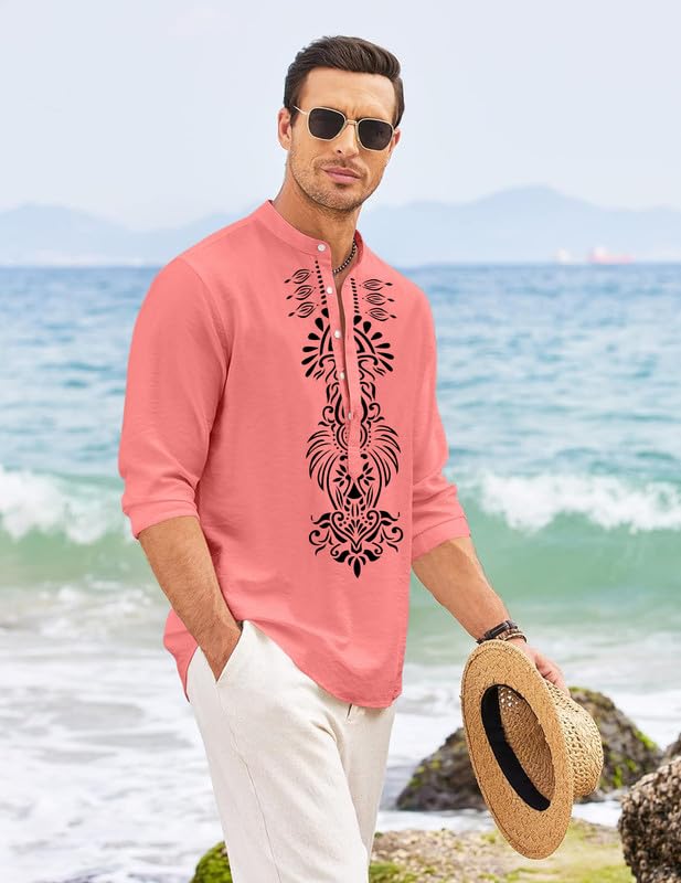 Finivo Fashion MenS Cotton Blend Short Kurta With Bold Printed Front Design | Full Sleeve Ethnic Casual Kurta With Mandarin Coll