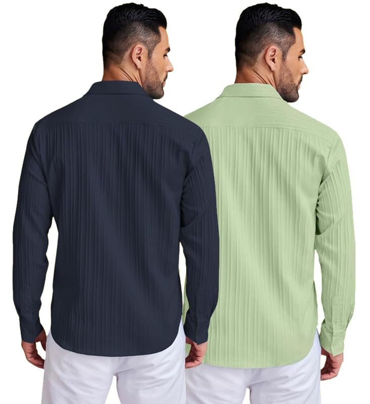 Deelmo Combo Of MenS Casual Button Down Shirts Long Sleeve Linen Shirt Fashion Textured Summer Shirts Pack Of 2