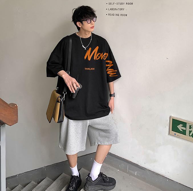 Thalasi Aesthetic Korean Style Blue Oversized T Shirts For Men - Baggy Fit T-Shirts With Down Shoulder And Half Sleeves & Brande