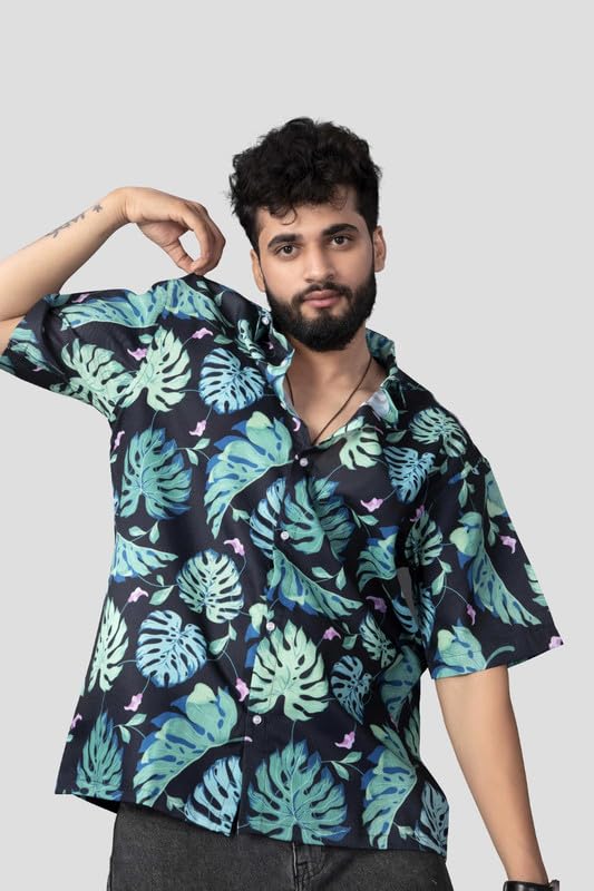 Brown Culture MenS Cotton Blend Leaf Print Shirt With Spread Collared Half Sleeves Standard Length And Button Down Closure Type