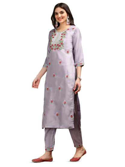 ishin Floral Embroidered Thread Work Silk Chiffon Straight Kurta with Trousers & Dupatta | Kurta set for women | Kurta with trousers and dupatta