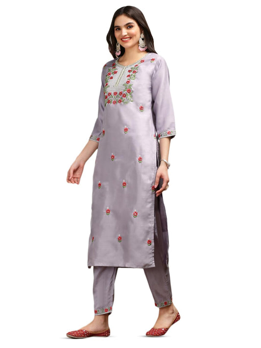 ishin Floral Embroidered Thread Work Silk Chiffon Straight Kurta with Trousers & Dupatta | Kurta set for women | Kurta with trousers and dupatta