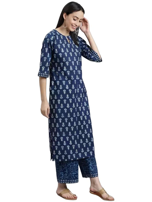 LookMark Women's Trendy Printed Cotton Blend Straight Blue Color Kurta and Palazzo Set (KS2071-XXL)