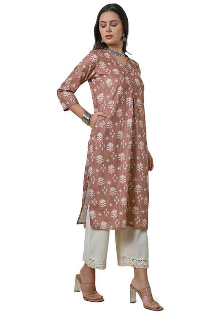 Soch Womens Earth Linen Blend Floral Print Kurta With Lace