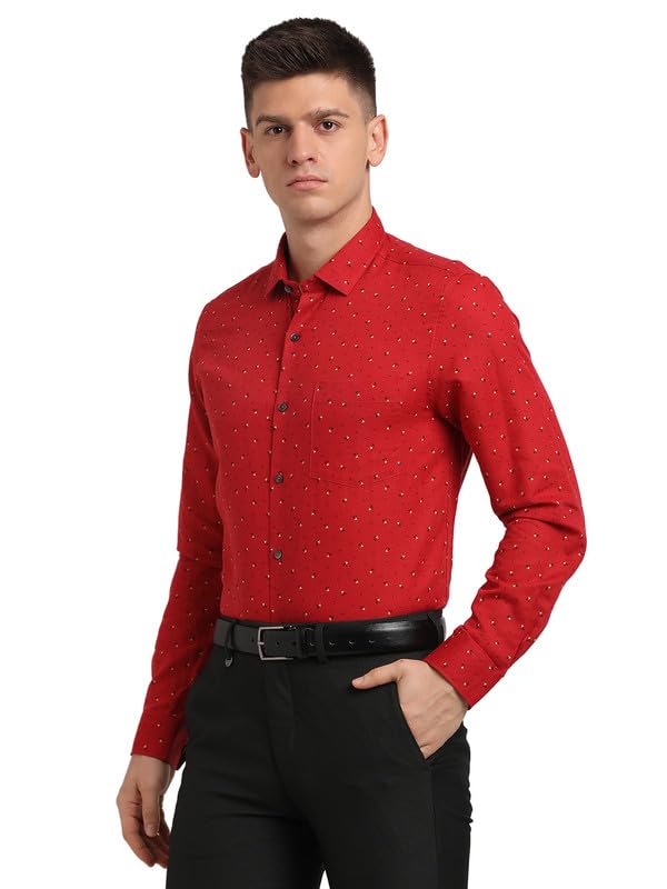 Turtle Men Red Cotton Linen Printed Slim Fit Shirts