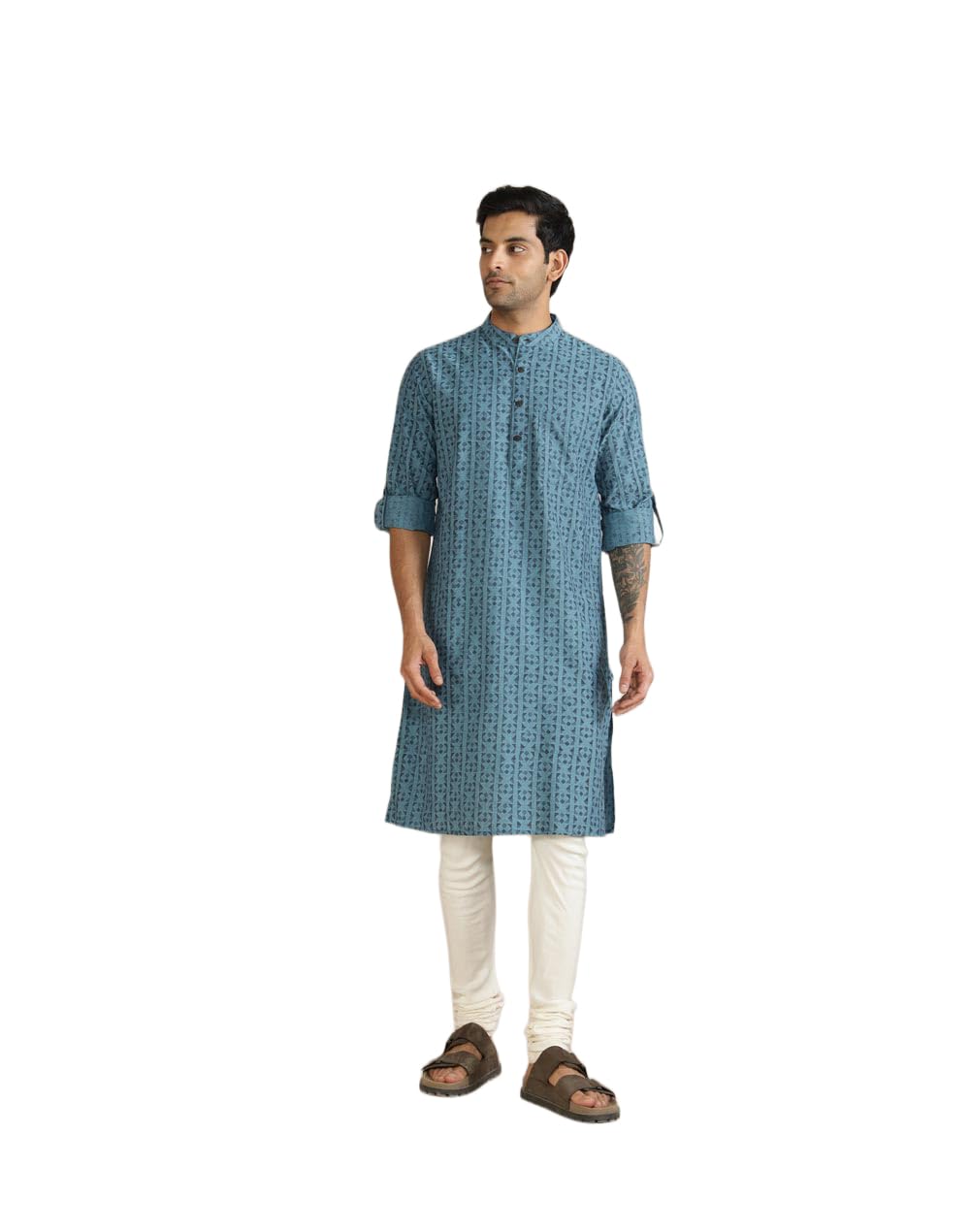 Fabindia Blue Cotton Hand Block Print Slim Long Kurta