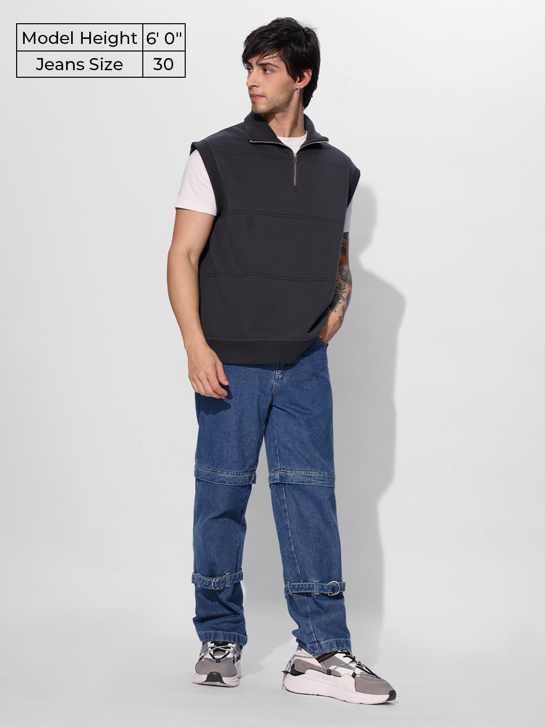 The Souled Store Convertible Jeans: Steel Blue Men and Boys Buttoned Convertible to Shorts Cotton Baggy Fit Jeans