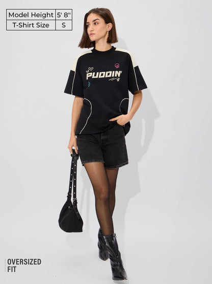 The Souled Store Official DC: Puddin Quinn Women and Girls Short Sleeve Round Neck Graphic Printed Cotton Oversized T-Shirts Bl