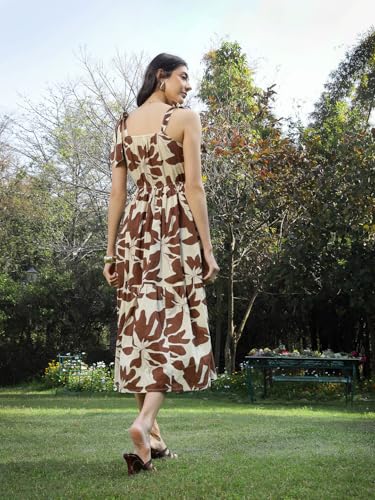 Stylum Womens Floral Printed Cotton A-Line Dress Brown