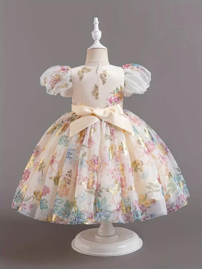 Niren Enterprise Baby Girls Gold Foil Butterfly Puff Sleeve Bowknot Princess Gown Dress For Special Occasions