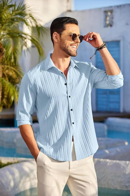 Macsivo MenS Line Shirt With Spread Collared Neck Full Sleeve Button Closure Curved Hem Length Regular Fit | Popcorn Shirt For