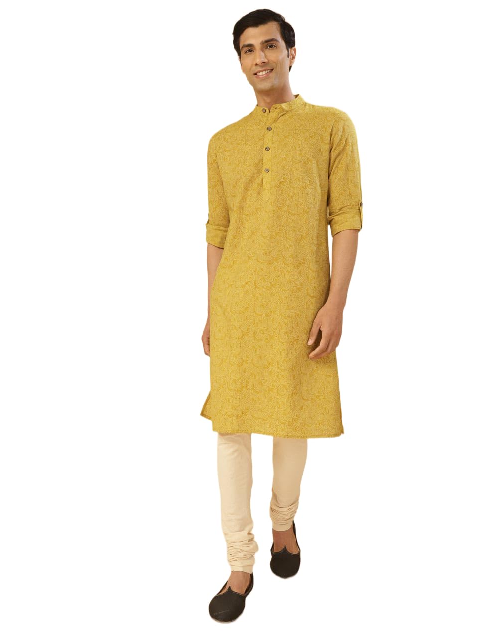 Fabindia Yellow Cotton Slim Fit Hand Block Printed Long Kurta