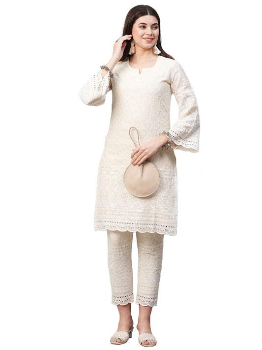 GoSriKi Women's Pure Cotton Chikankari Embroidered Straight Kurta with Pant (Mavak Cream01-GS)