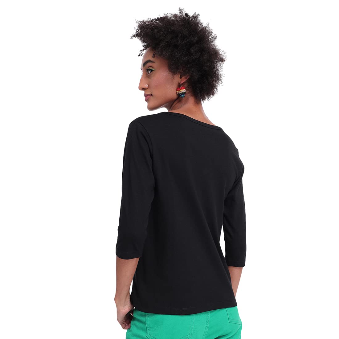 Bewakoof Womens Solid 100% Cotton T-Shirt - Slim Fit, Round Neck, 3/4 Sleeves