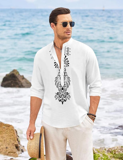 Finivo Fashion MenS Cotton Blend Short Kurta With Bold Printed Front Design | Full Sleeve Ethnic Casual Kurta With Mandarin Coll
