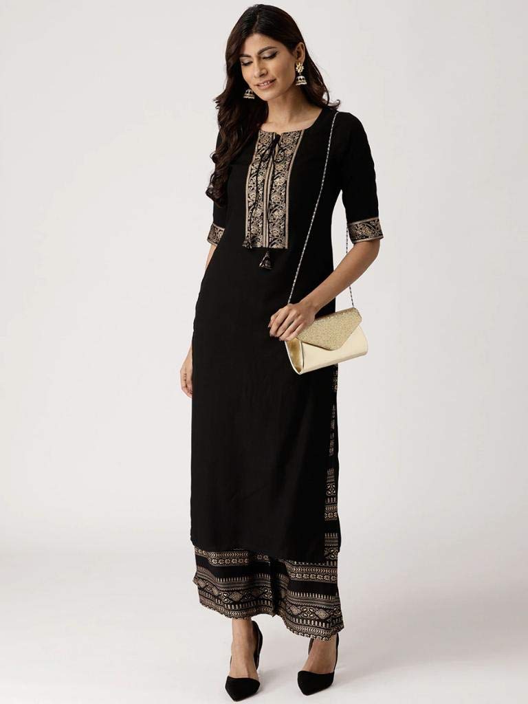 GoSriKi Women's Rayon Solid Printed Kurta with Palazzos (Black)