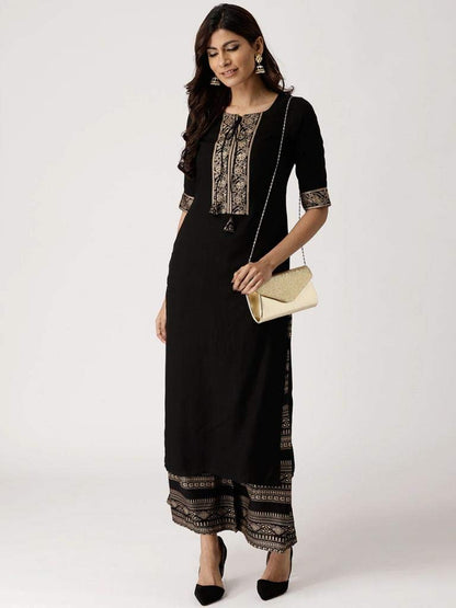 GoSriKi Women's Rayon Solid Printed Kurta with Palazzos (Black)