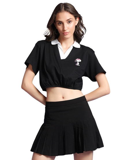 Bewakoof X Official Peanuts Merchandise Womens Snoopy Logo Printed 100% Cotton Polo Short Top - Oversized Fit, Polo Neck, Half