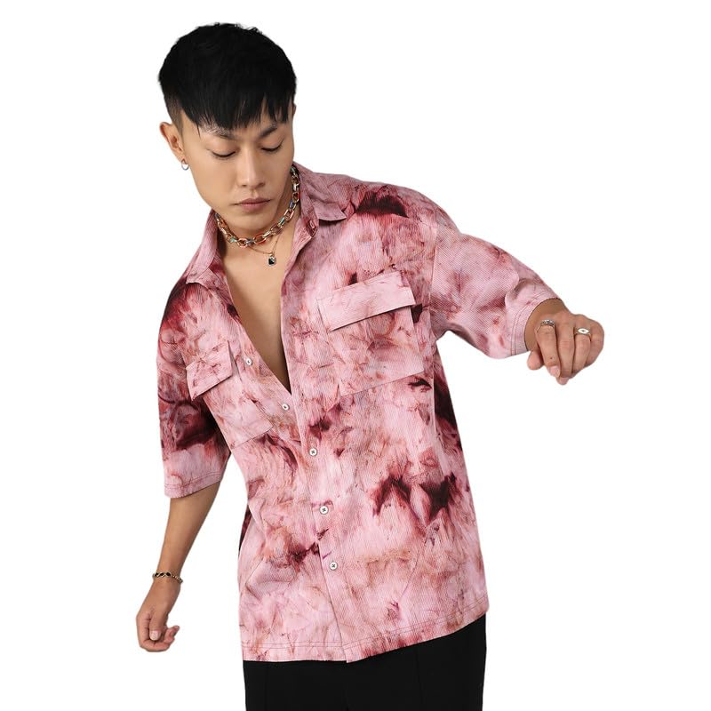 Campus Sutra Mens Wine Red Tie-Dye Utility Oversized Shirt for Casual Wear | Spread Collar | Short Sleeve | Button Closure | Ov