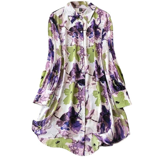 Gufrina WomenS Rayon Dress With Long Puff Sleeves Mandarin Collared Neck Tie Die Printed A-Line Style Regular Fit And Knee Leng