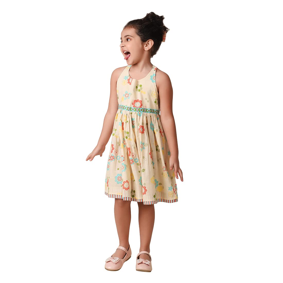 Fabindia GirlS Off White Cotton Printed Dress Knee-Length 102878502_Offwhite