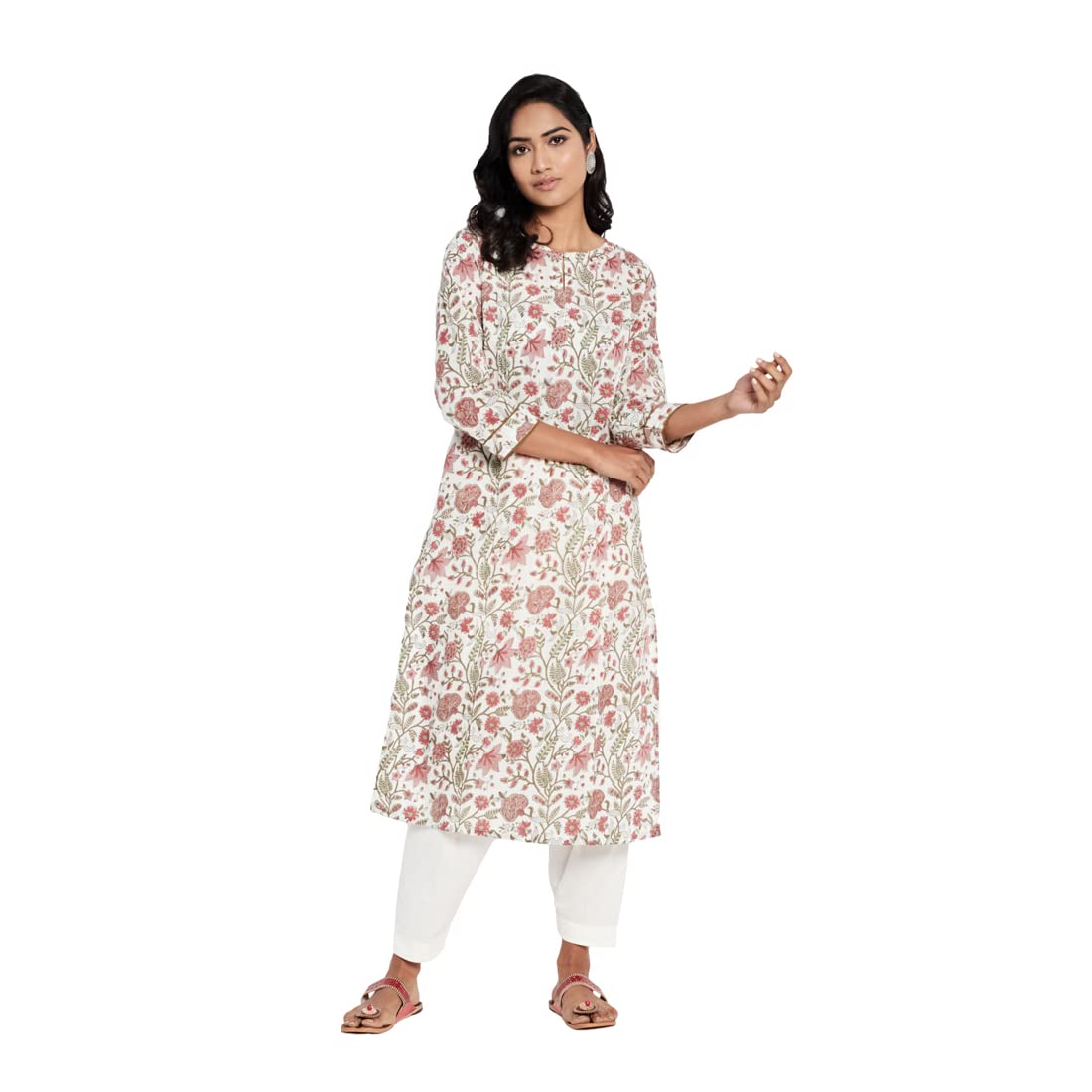 Fabindia Women Printed Slim Fit Long Kurta Cotton_Xl Off White