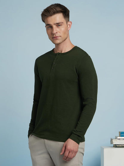 Dennis Lingo Men Solid Cotton Slub Regular Fit Full Sleeves Round Neck T Shirts Olive