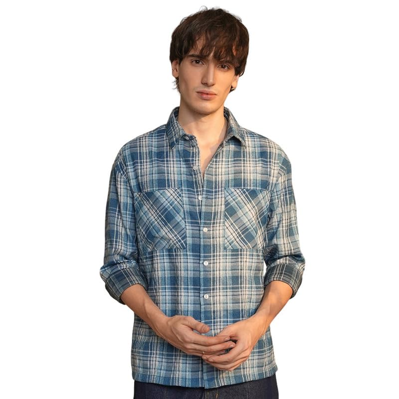 Campus Sutra Mens Steel Blue Tartan Plaid Shirt | Casual Wear | Spread Collar | Long Sleeve | Button Closure | Shirt Crafted wi