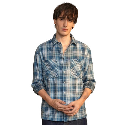 Campus Sutra Mens Steel Blue Tartan Plaid Shirt | Casual Wear | Spread Collar | Long Sleeve | Button Closure | Shirt Crafted wi