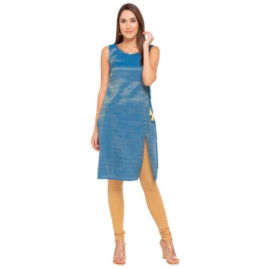 Aurelia Womens Round Neck Gold Woven Kurta