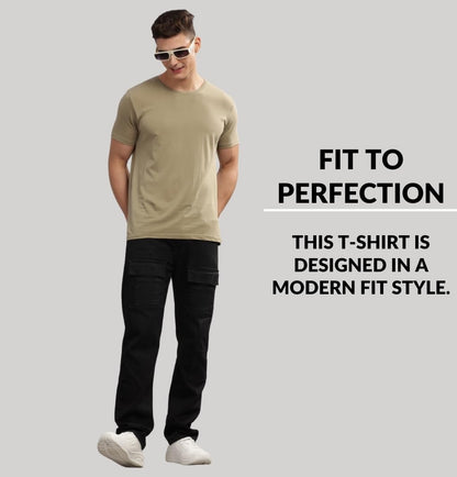 ADRO Men's Solid Regular Fit T-Shirt (RCM3-PLN-MU-OL-BE_Mustard,Olive,Beige